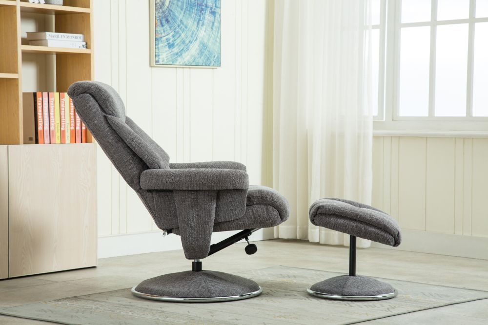 Product photograph of Gfa Biarritz Swivel Recliner Chair With Footstool - Lisbon Grey Fabric from Choice Furniture Superstore.