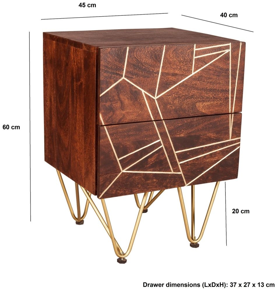 Product photograph of Mango Dark Gold Solid Wood 2 Drawer Side Table from Choice Furniture Superstore.