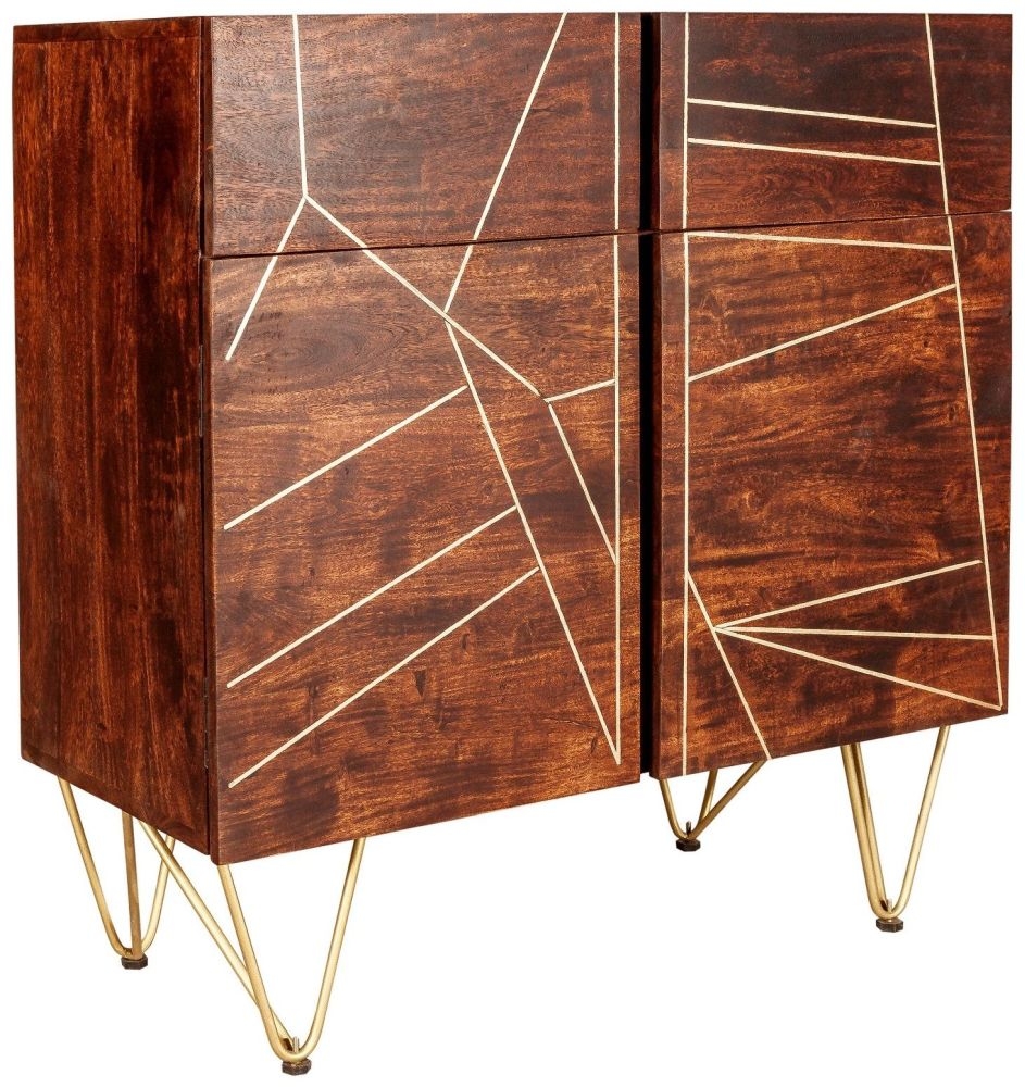 Product photograph of Dark Mango Wood 90cm Small 2 Door Sideboard - Hairpin Legs With Gold Geomatric Inlay from Choice Furniture Superstore.