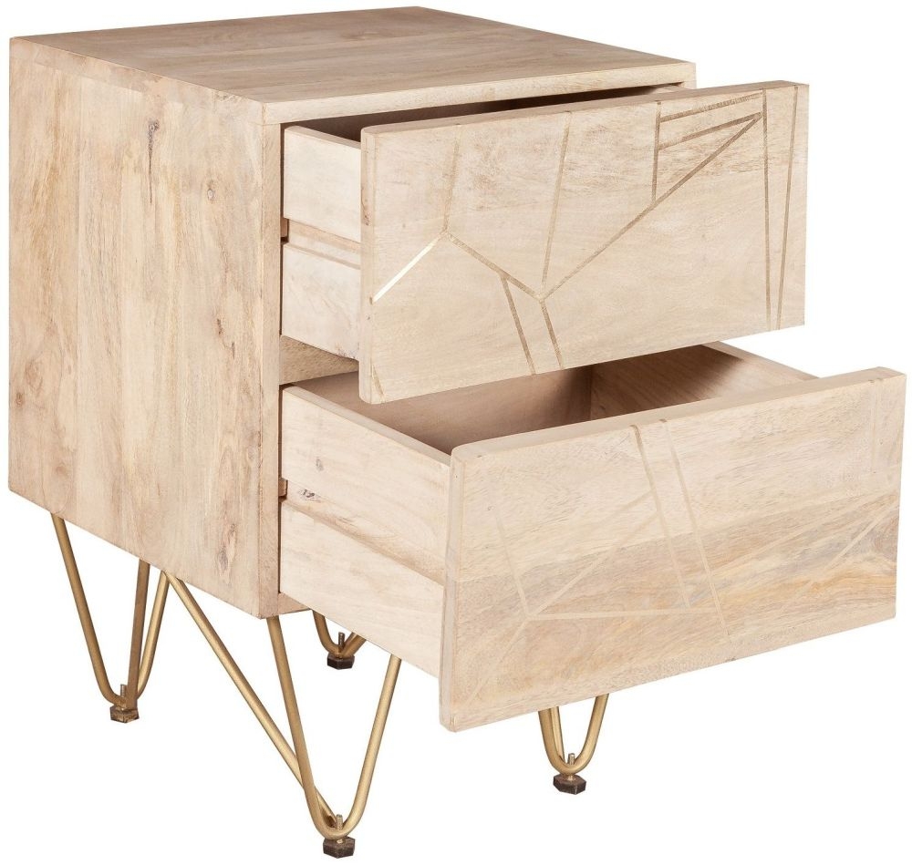 Product photograph of Light Mango Wood 2 Drawer Side Table - Hairpin Legs With Gold Geomatric Inlay from Choice Furniture Superstore.