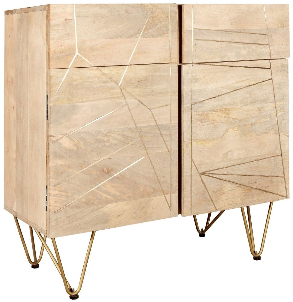 Product photograph of Light Mango Wood 90cm Small Sideboard - Hairpin Legs With Gold Geomatric Inlay from Choice Furniture Superstore.