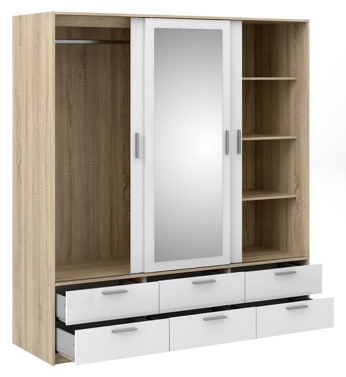 Product photograph of Line Oak Effect And White Gloss 3 Door 6 Drawer Wardrobe from Choice Furniture Superstore.