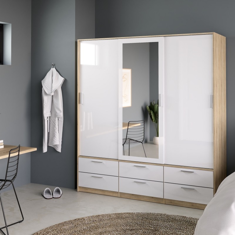 Product photograph of Line Oak Effect And White Gloss 3 Door Combi Wardrobe from Choice Furniture Superstore.