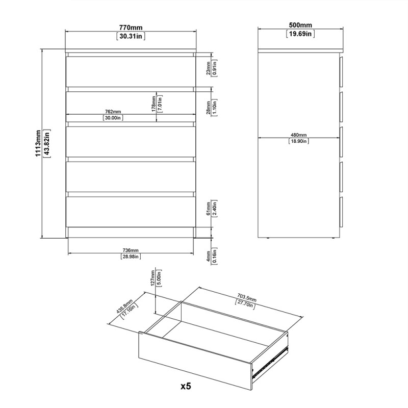 Product photograph of Naia White Gloss 5 Drawer Chest from Choice Furniture Superstore.
