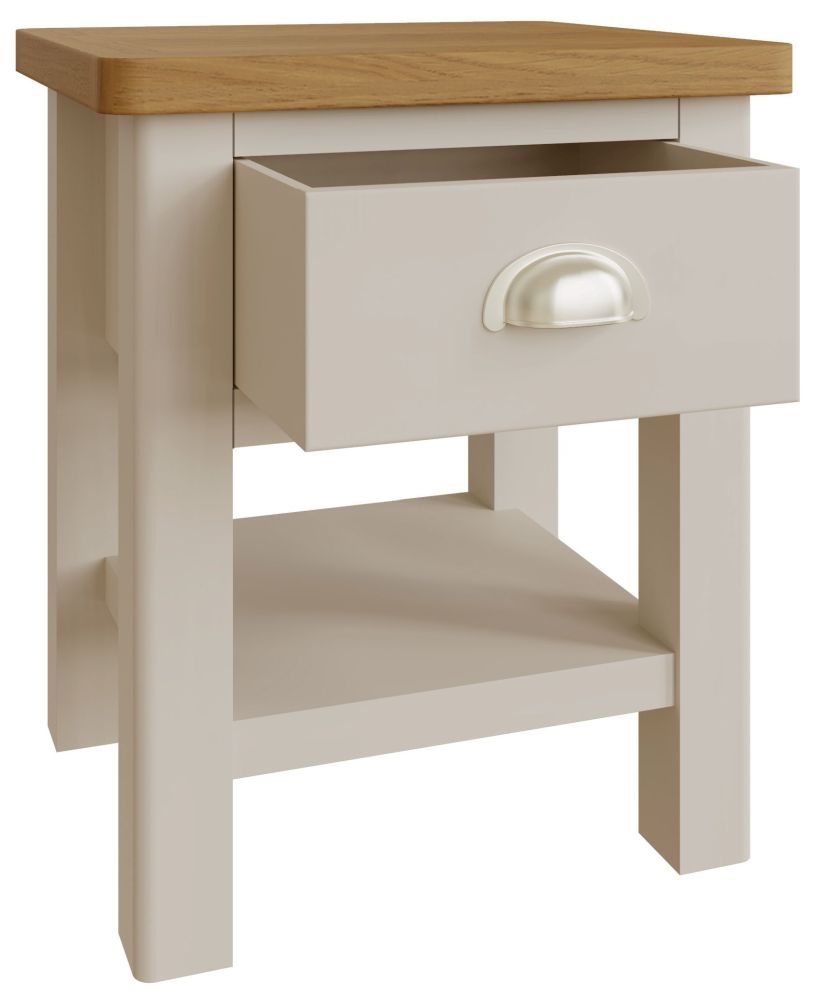 Product photograph of Portland Oak And Dove Grey Painted 1 Drawer Lamp Table from Choice Furniture Superstore.