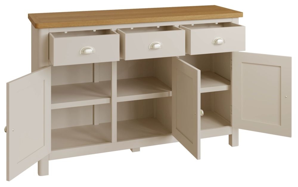 Product photograph of Portland Oak And Dove Grey Painted 3 Door 3 Drawer Sideboard from Choice Furniture Superstore.