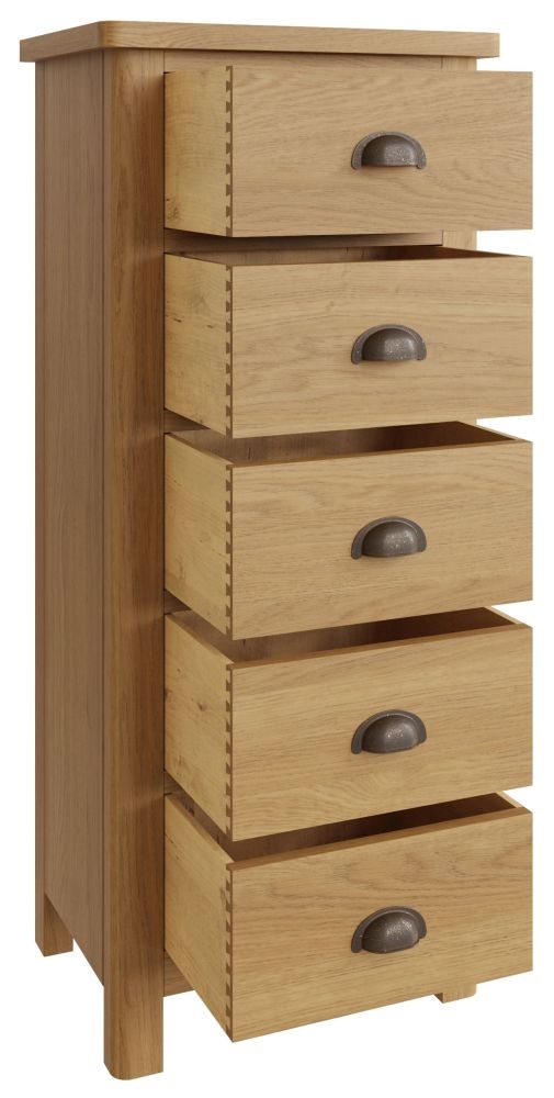 Product photograph of Hampton Rustic Oak 5 Drawer Tall Chest from Choice Furniture Superstore.