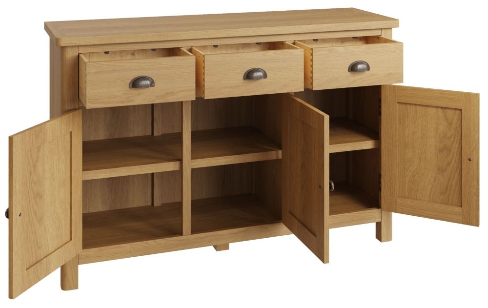 Product photograph of Hampton Rustic Oak 3 Door 3 Drawer Medium Sideboard from Choice Furniture Superstore.