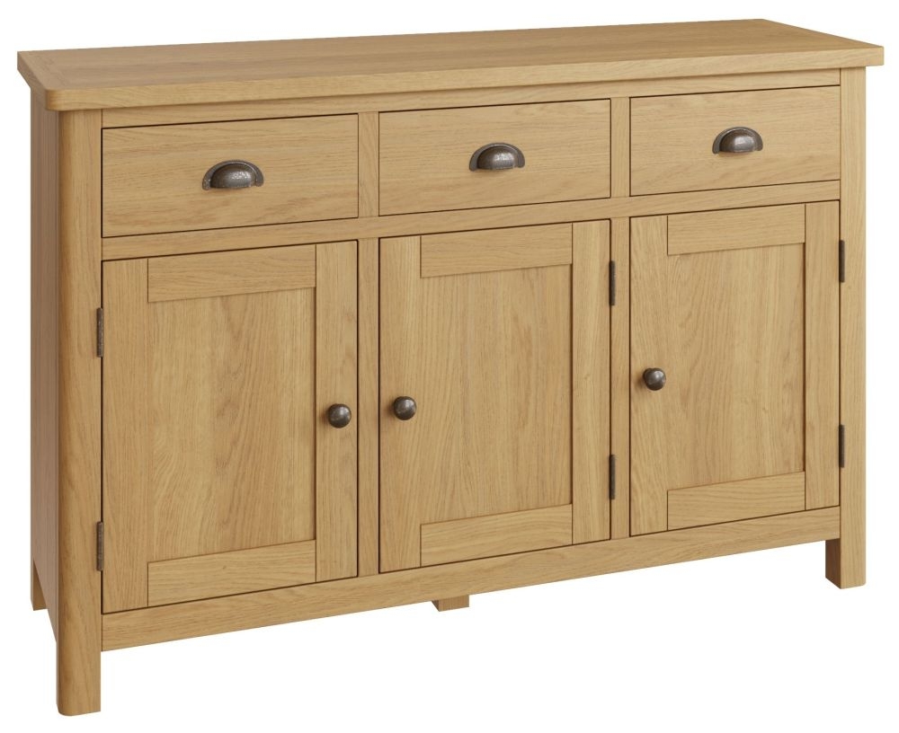 Product photograph of Hampton Rustic Oak 3 Door 3 Drawer Medium Sideboard from Choice Furniture Superstore.