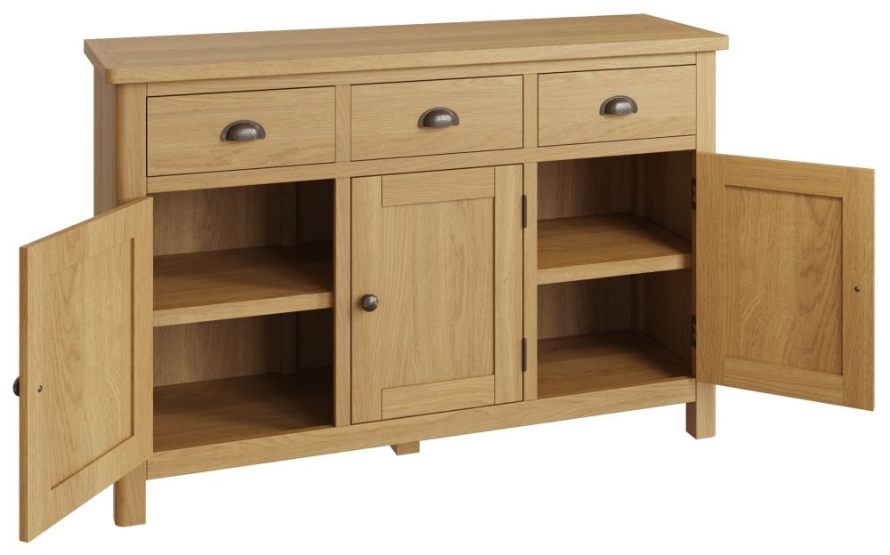 Product photograph of Hampton Rustic Oak 3 Door 3 Drawer Medium Sideboard from Choice Furniture Superstore.