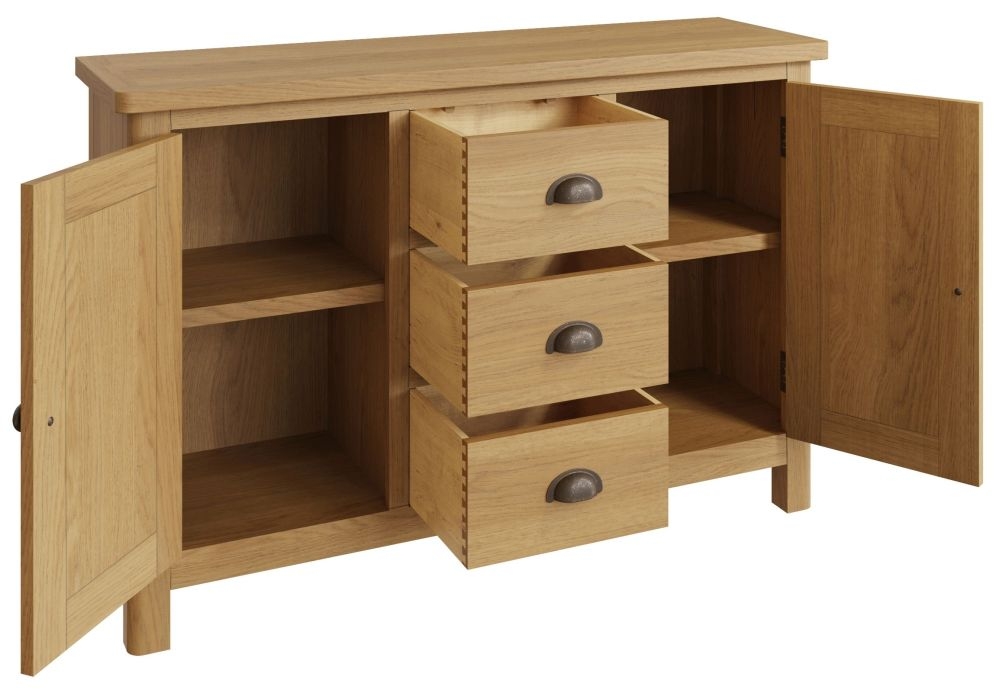 Product photograph of Hampton Rustic Oak 2 Door 3 Drawer Medium Sideboard from Choice Furniture Superstore.