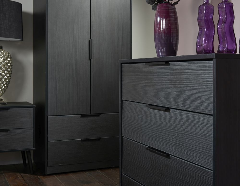 Product photograph of Hong Kong Black 2 Door 2 Drawer Tall Wardrobe from Choice Furniture Superstore.