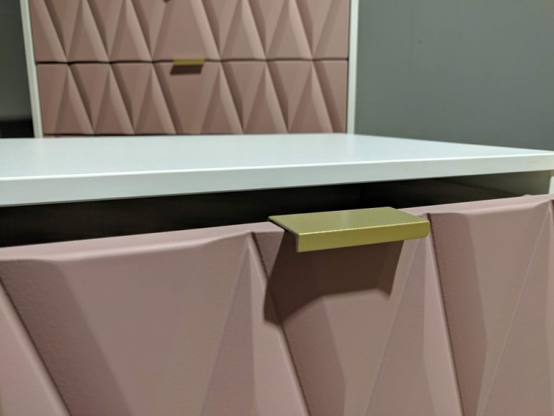 Product photograph of Diamond Pink And White 4 Drawer Chest With Gold Hairpin Legs from Choice Furniture Superstore.