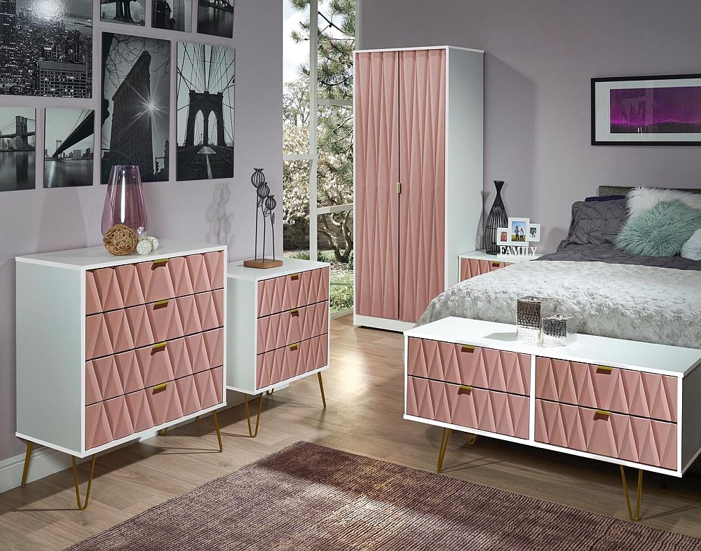 Product photograph of Diamond Pink And White 4 Drawer Chest With Gold Hairpin Legs from Choice Furniture Superstore.