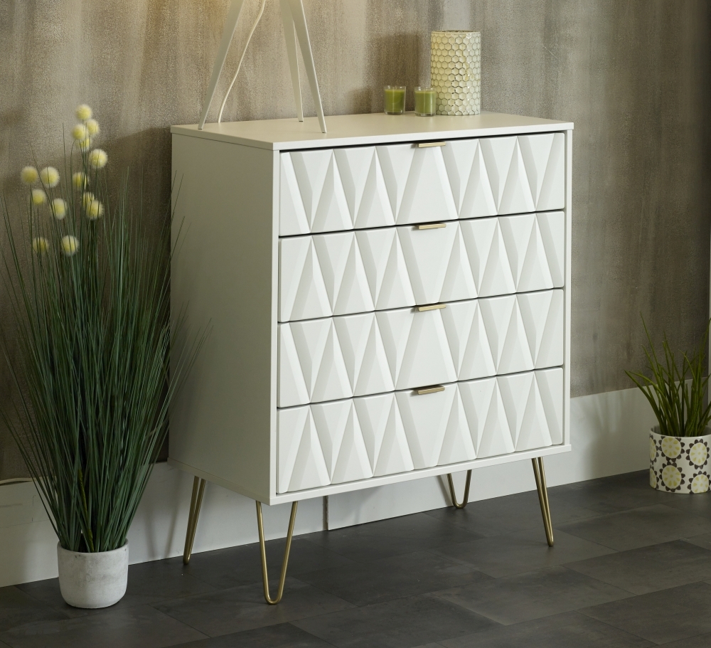 Product photograph of Diamond 4 Drawer Chest With Hairpin Legs - White from Choice Furniture Superstore.