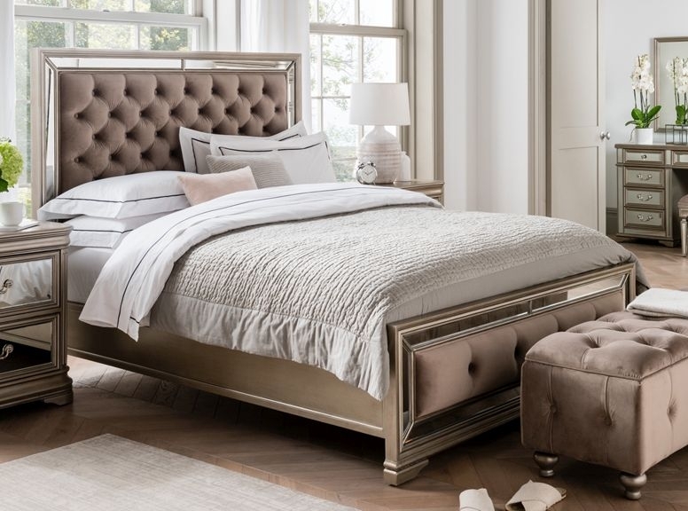 Product photograph of Vida Living Jessica Champagne Mirrored Velvet Bed from Choice Furniture Superstore.