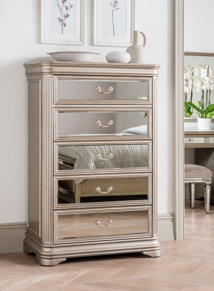 Product photograph of Vida Living Jessica Champagne Mirrored 5 Drawer Tall Chest from Choice Furniture Superstore.