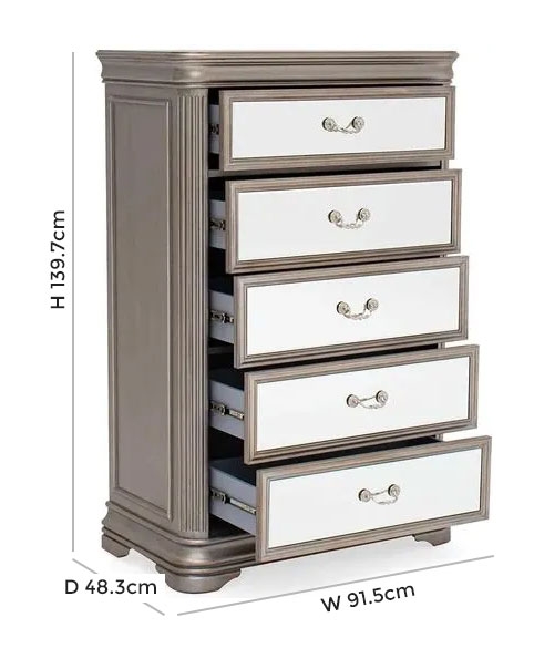 Product photograph of Vida Living Jessica Champagne Mirrored 5 Drawer Tall Chest from Choice Furniture Superstore.