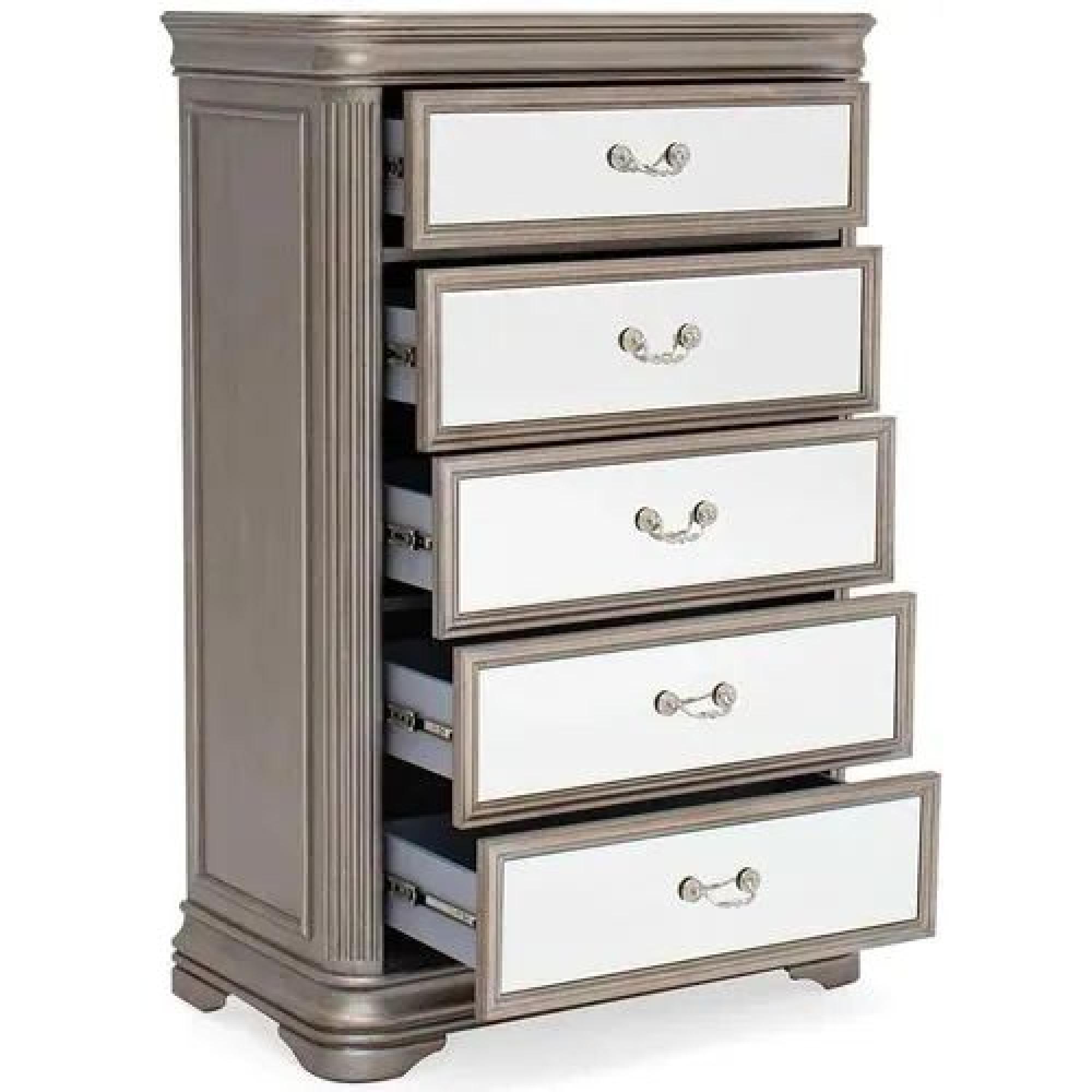Product photograph of Vida Living Jessica Champagne Mirrored 5 Drawer Tall Chest from Choice Furniture Superstore.