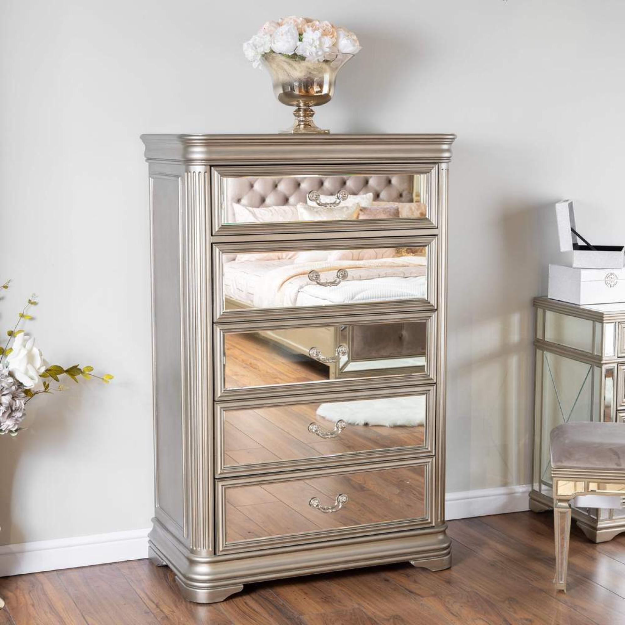 Product photograph of Vida Living Jessica Champagne Mirrored 5 Drawer Tall Chest from Choice Furniture Superstore.