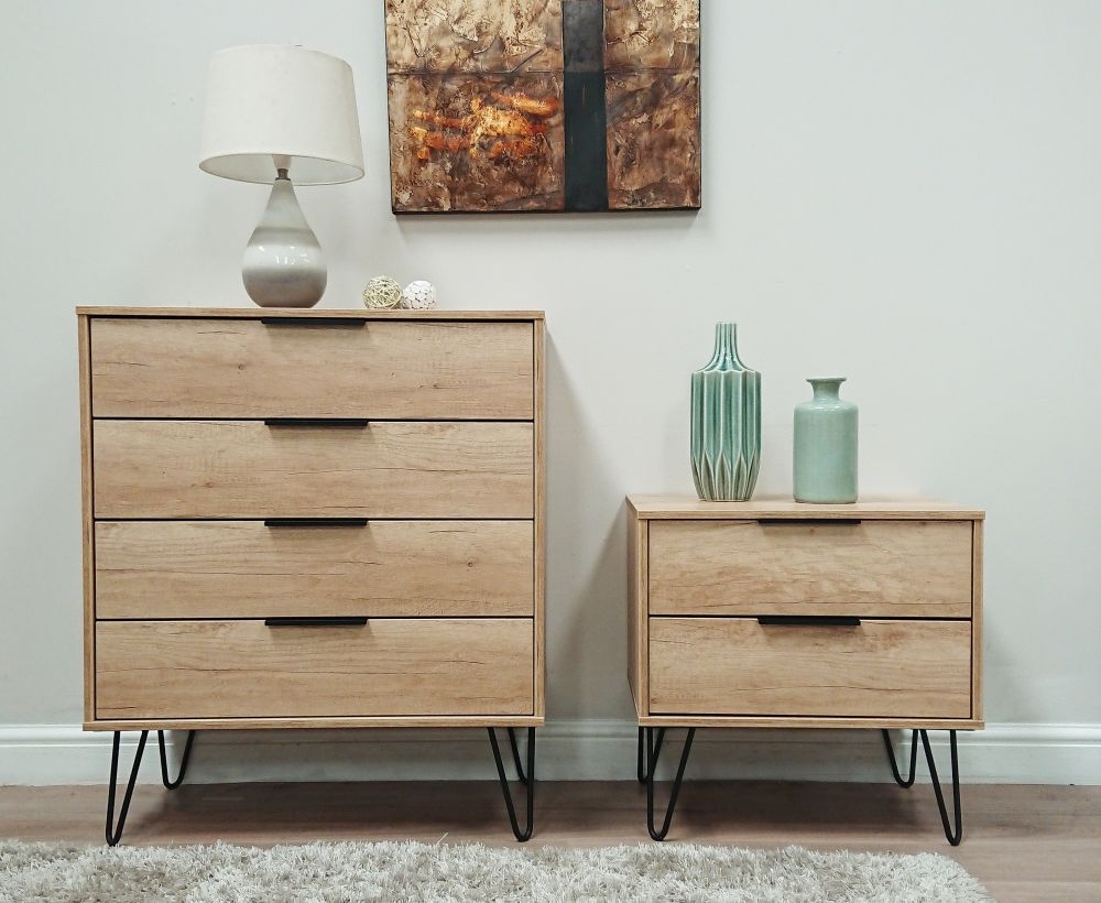 Product photograph of Hong Kong Oak Effect 2 Drawer Midi Chest With Hairpin Legs from Choice Furniture Superstore.