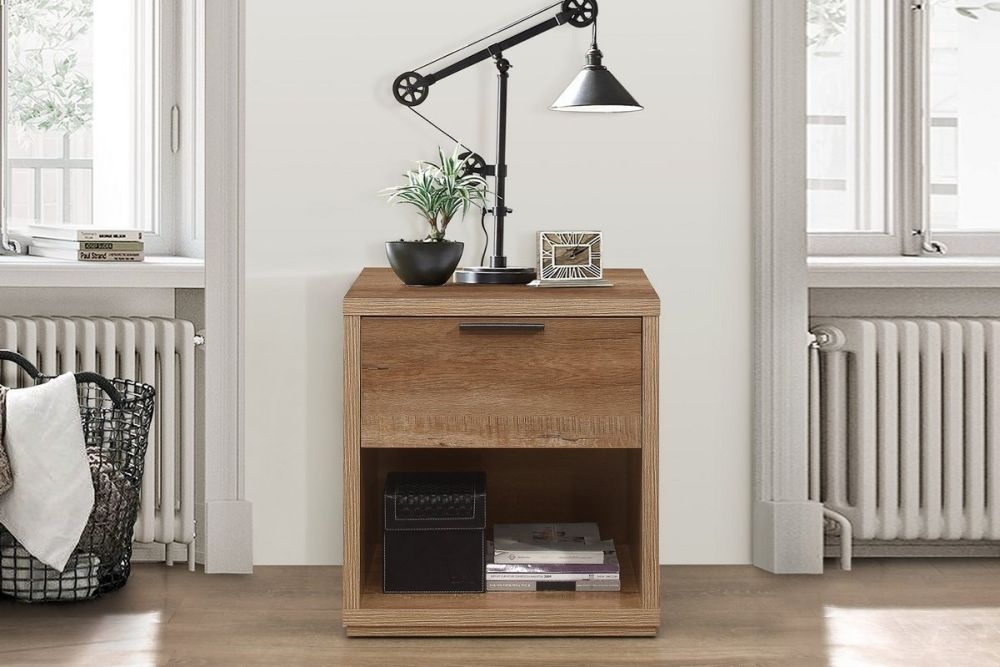 Product photograph of Stockwell Oak 1 Drawer Bedside Cabinet from Choice Furniture Superstore.