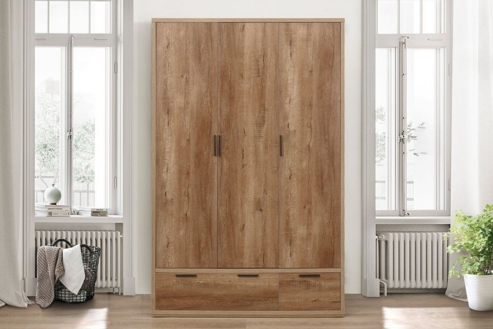 Product photograph of Stockwell Rustic Oak Effect 3 Door Wardrobe - 2 Drawers from Choice Furniture Superstore.