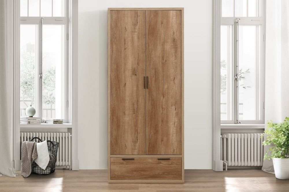 Product photograph of Stockwell Rustic Oak Effect 2 Door Wardrobe - 1 Drawer from Choice Furniture Superstore.