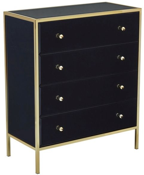 Product photograph of Fenwick Black Glass 4 Drawer Chest - Gold Trim from Choice Furniture Superstore.