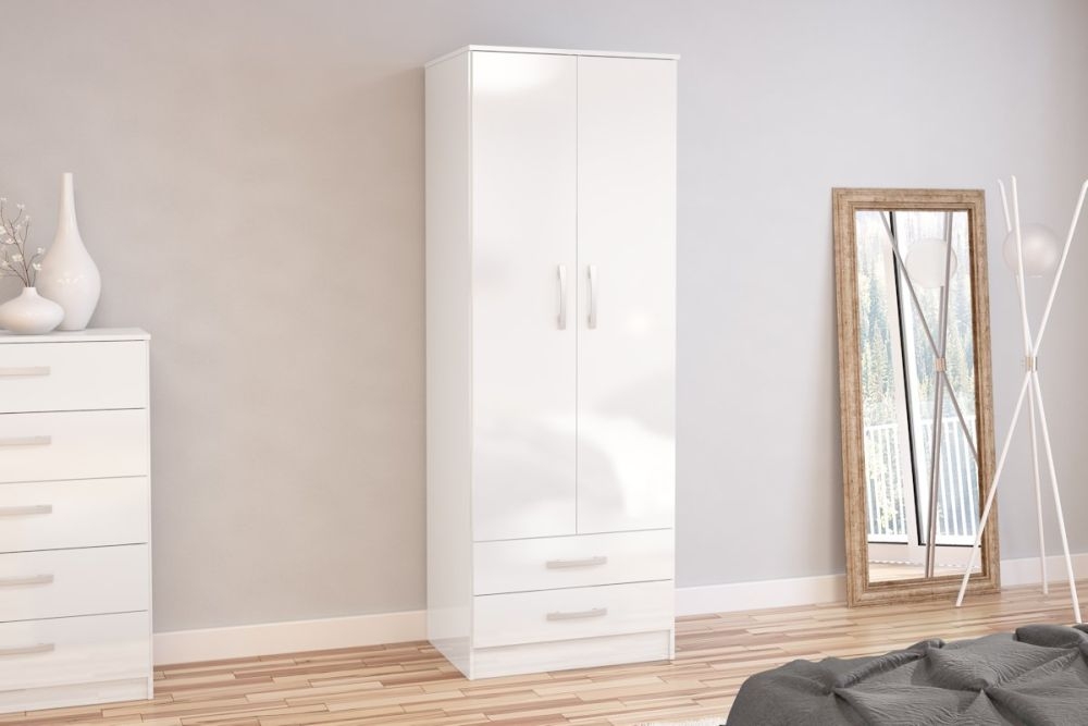 Product photograph of Lynx White 2 Door 2 Drawer Wardrobe from Choice Furniture Superstore.