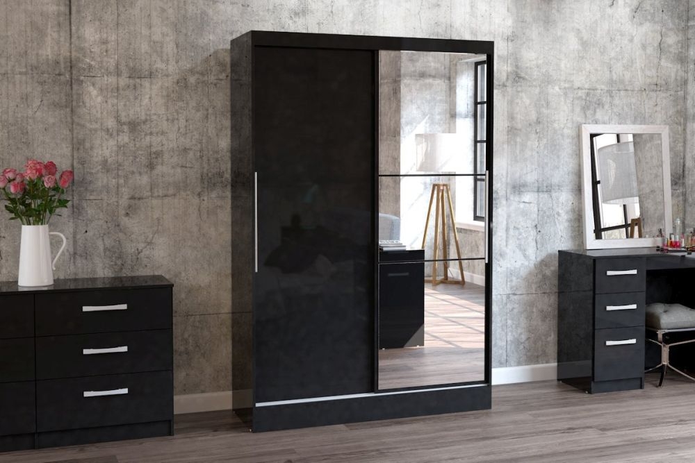 Product photograph of Lynx Black 2 Door Sliding Mirrored Wardrobe from Choice Furniture Superstore.