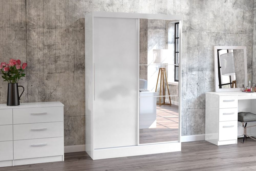 Product photograph of Lynx White 2 Door Sliding Mirrored Wardrobe from Choice Furniture Superstore.