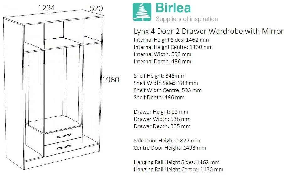 Product photograph of Birlea Lynx White 4 Door Combi Wardrobe from Choice Furniture Superstore.