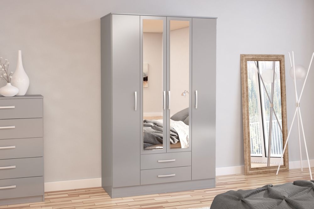 Product photograph of Lynx Grey 4 Door Mirrored Wardrobe - 2 Drawers from Choice Furniture Superstore.