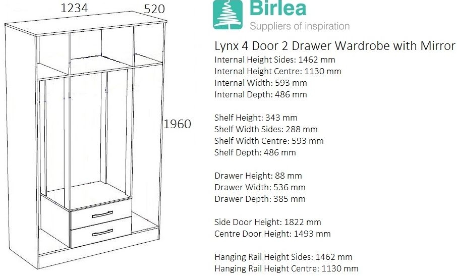 Product photograph of Lynx Grey 4 Door Mirrored Wardrobe - 2 Drawers from Choice Furniture Superstore.