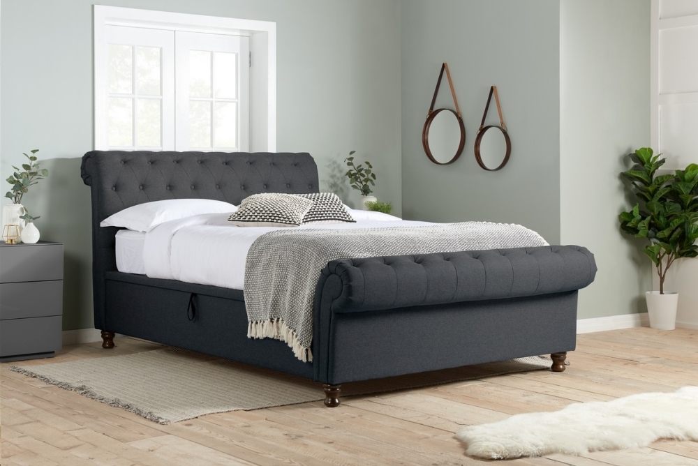 Product photograph of Castello Charcoal Fabric Side Sleigh Ottoman Storage Bed - Sizes Available from Choice Furniture Superstore.