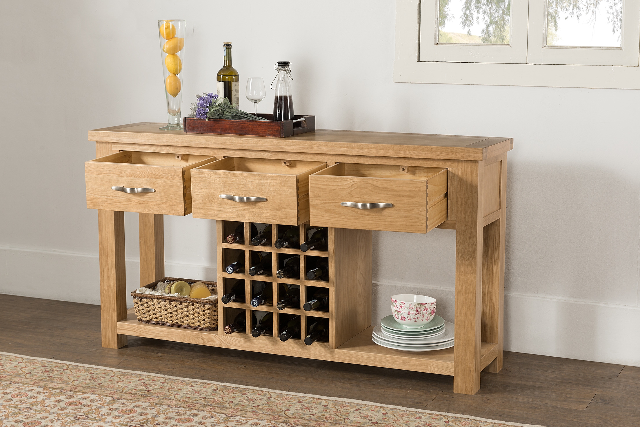 Product photograph of Cambridge Oak Open Large Sideboard With Wine Rack from Choice Furniture Superstore.