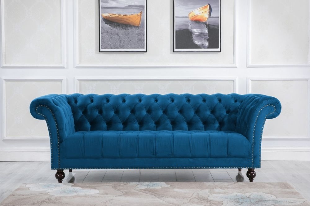 Product photograph of Chester Blue Velvet Fabric 3 Seater Sofa from Choice Furniture Superstore.