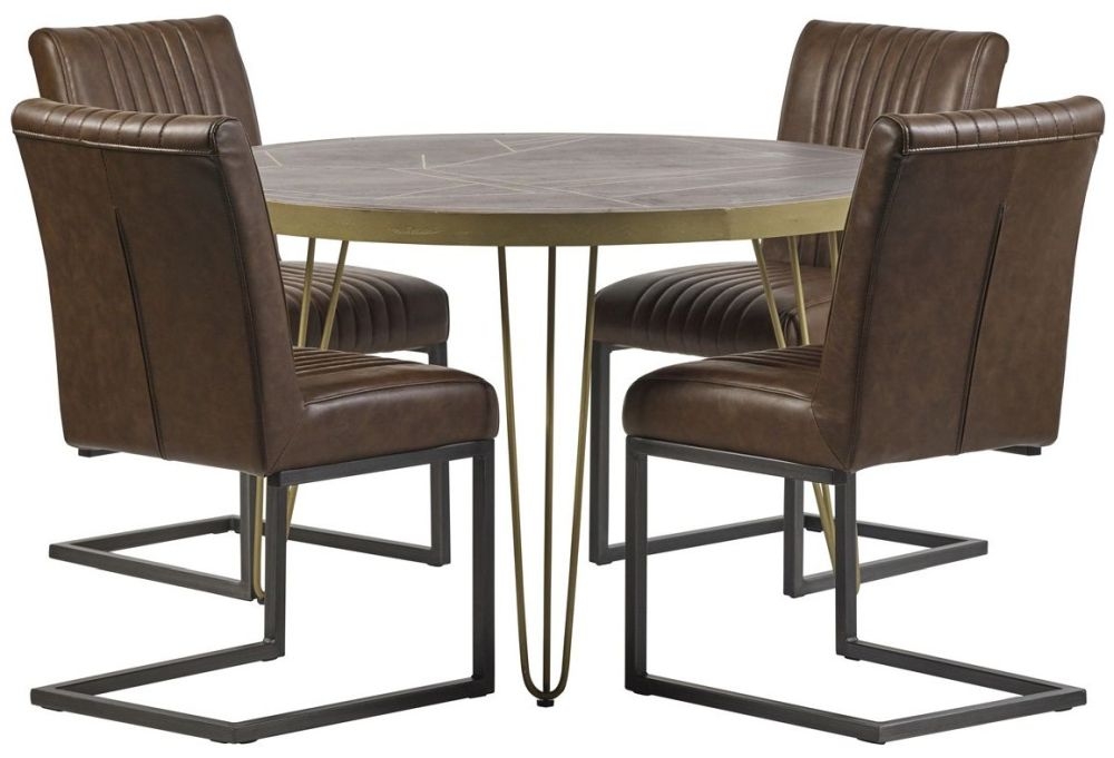 Product photograph of Dark Mango Wood 4 Seater Round Dining Table - Hairpin Legs With Gold Geomatric Inlay from Choice Furniture Superstore.