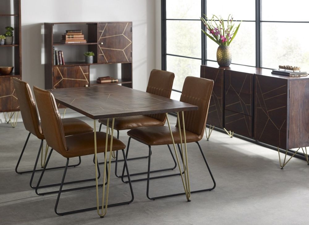 Product photograph of Dark Mango Wood 6 Seater Dining Table - Hairpin Legs With Gold Geomatric Inlay from Choice Furniture Superstore.