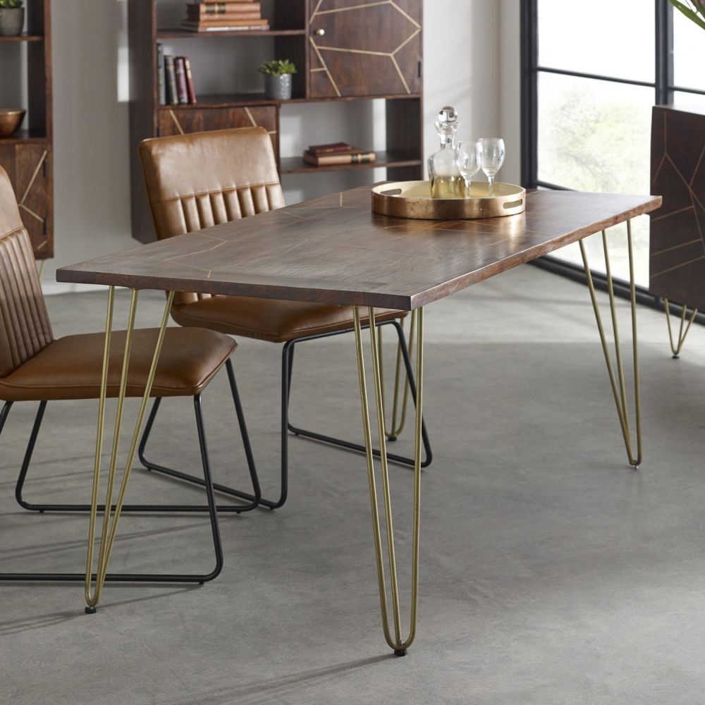 Product photograph of Dark Mango Wood 6 Seater Dining Table - Hairpin Legs With Gold Geomatric Inlay from Choice Furniture Superstore.