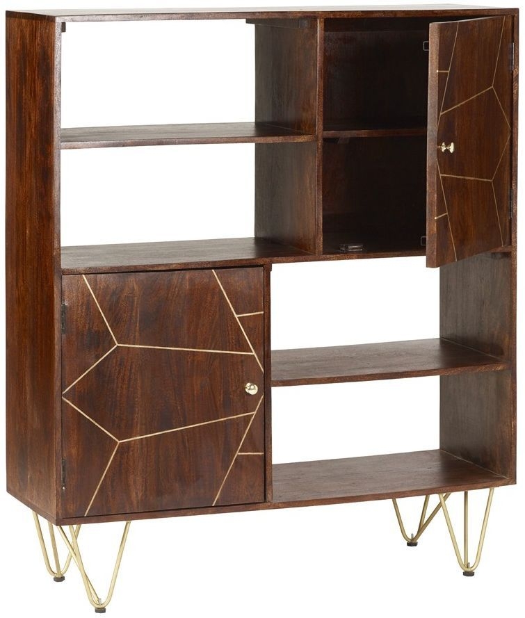 Product photograph of Dark Mango Wood Display Cabinet - Hairpin Legs With Gold Geomatric Inlay from Choice Furniture Superstore.