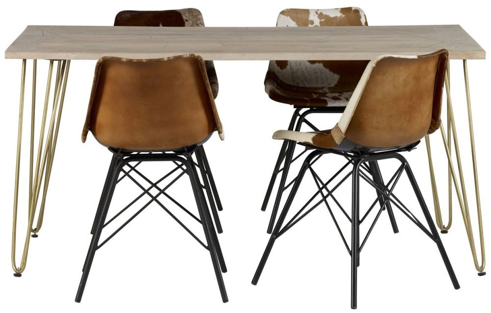 Product photograph of Light Mango Wood 6 Seater Dining Table - Hairpin Legs With Gold Geomatric Inlay from Choice Furniture Superstore.