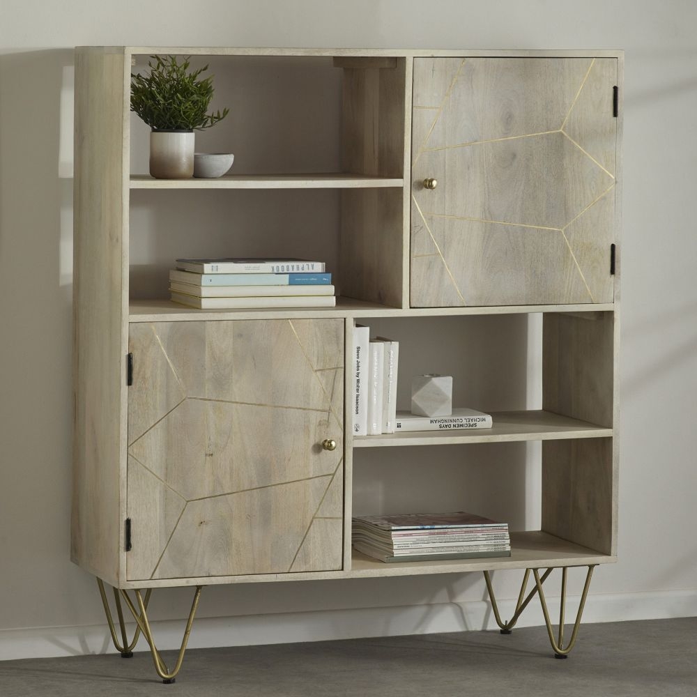 Product photograph of Light Mango Wood Display Cabinet - Hairpin Legs With Gold Geomatric Inlay from Choice Furniture Superstore.
