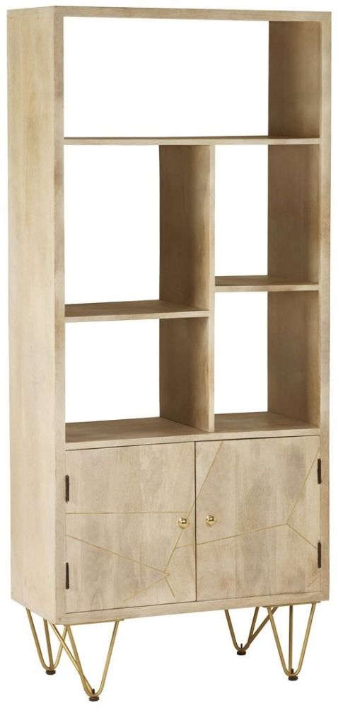 Product photograph of Light Mango Wood Bookcase - Hairpin Legs With Gold Geomatric Inlay from Choice Furniture Superstore.