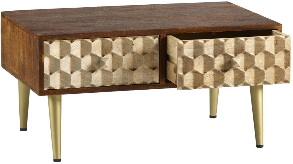 Product photograph of Mango Wood Geomatric 2 Drawer Coffee Table from Choice Furniture Superstore.