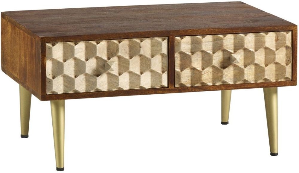 Product photograph of Mango Wood Geomatric 2 Drawer Coffee Table from Choice Furniture Superstore.