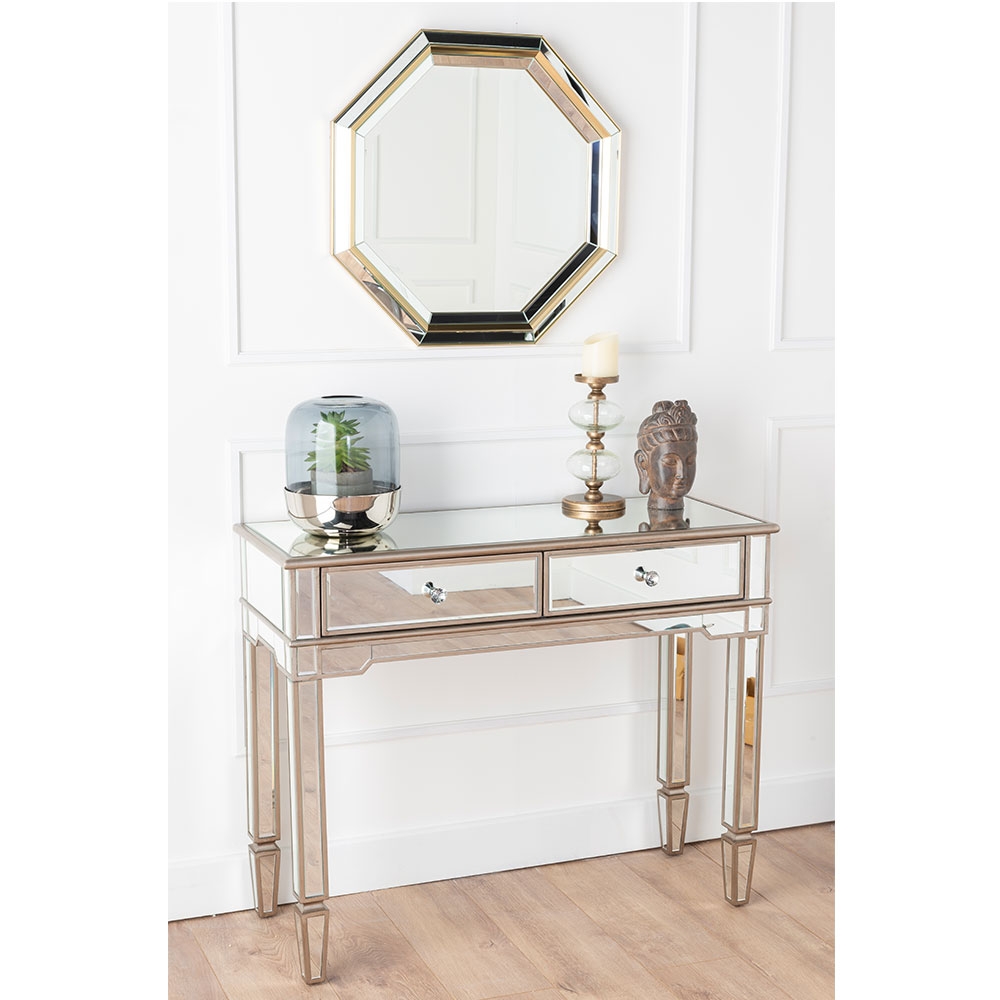 Product photograph of Antoinette Mirrored Console Table With Champagne Trim from Choice Furniture Superstore.