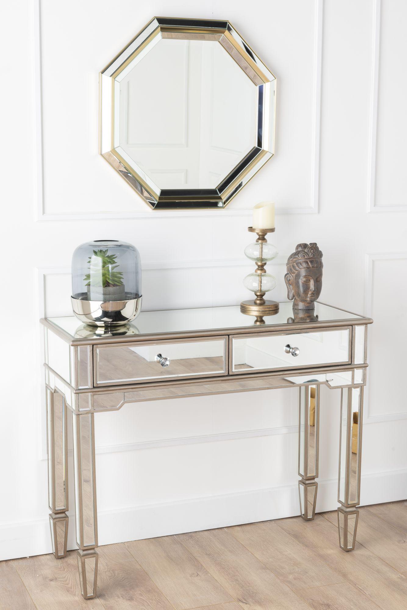 Product photograph of Antoinette Mirrored Champagne Trim Console Table from Choice Furniture Superstore.