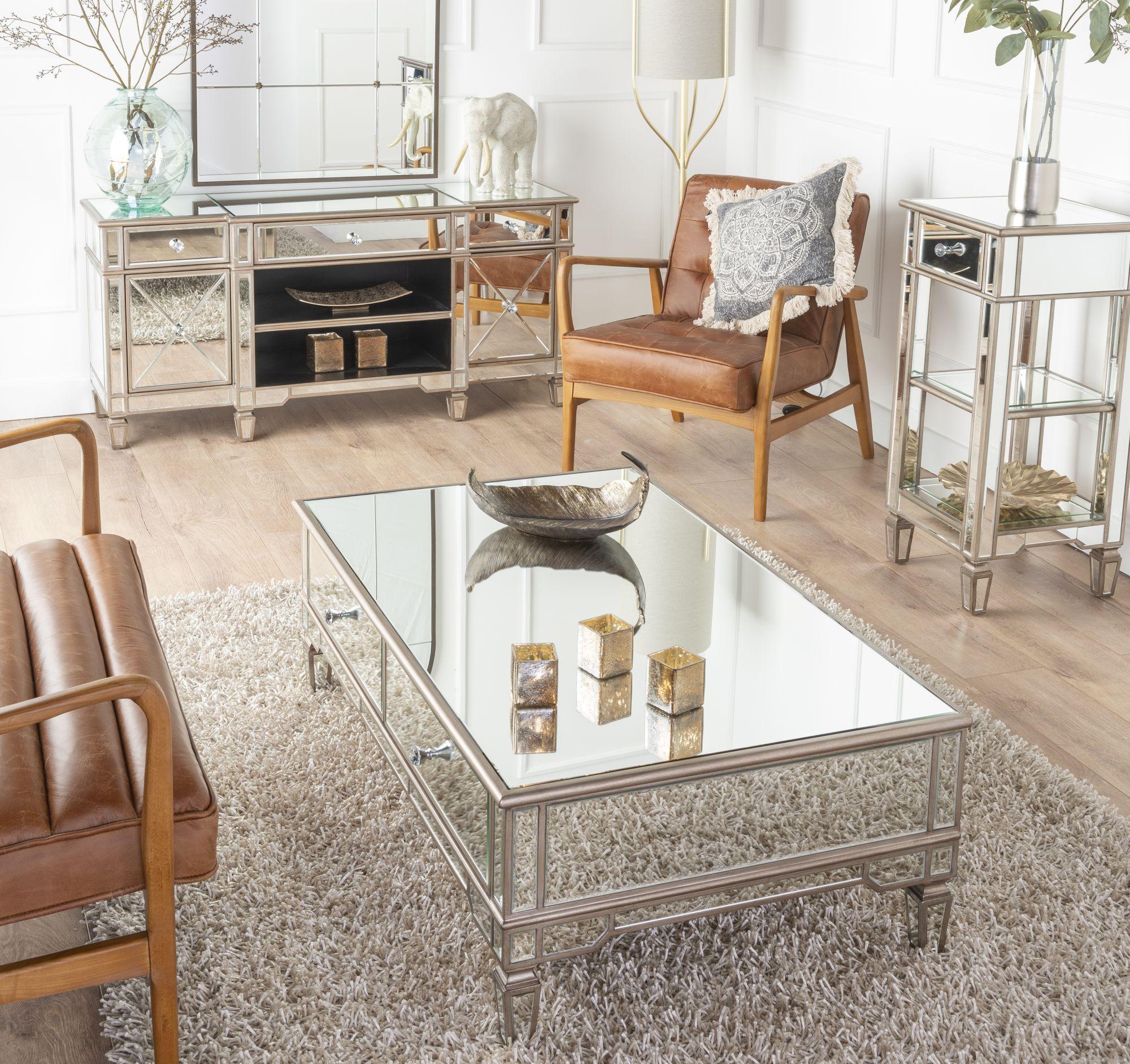 Product photograph of Antoinette Mirrored Champagne Trim Tv Unit from Choice Furniture Superstore.